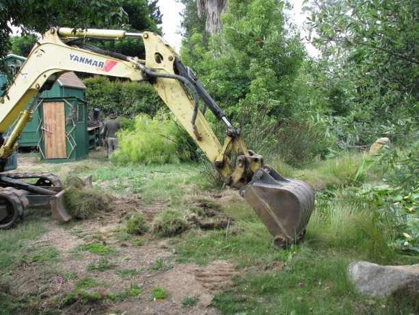 Gentle scraping with the bucket to discover where the subterranean irrigation lines were without stretching them.