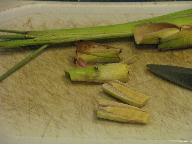 Lemongrass is easy to grow and to use.  Just the base of the peeled stalk is used as a flavoring.  Cut it only in half so the pieces are easily found in the soup and put aside.
